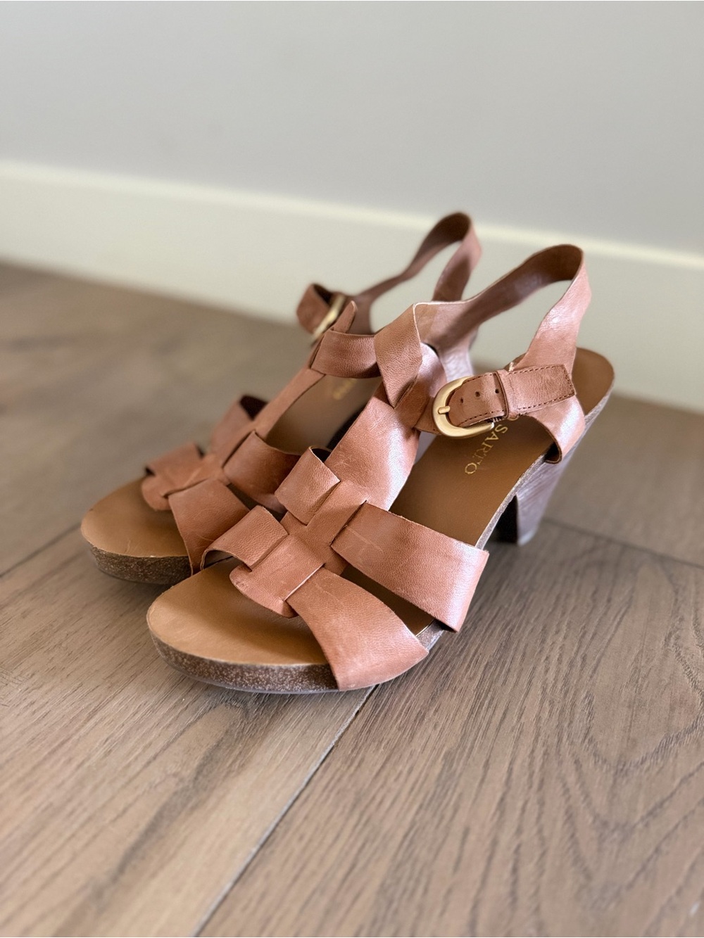 Franco Sarto Woven Strap Block Heel Sandals in Tan Leather, 70s